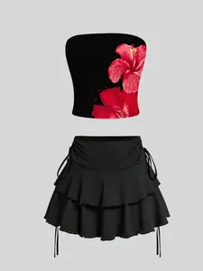 Women's Floral Print Bandeau Bra & Ruffle Trim Skirt Two-piece Set, Sexy Fashion Casual Swimsuit Set for Beach Holiday Vacation, Ladies Summer Clothes, Tankini Outfit, Tankini Swimwear, Tankini Set Bathing