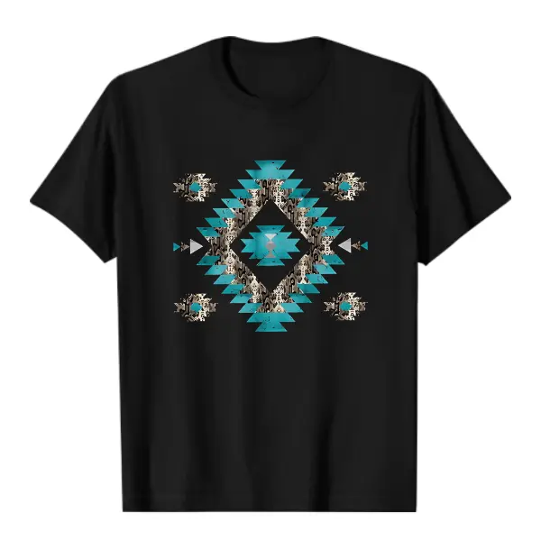 Women'S Western & Indian-Inspired Graphic T-Shirt - Black Short Sleeve Crew Neck Top with Turquoise Geometric Design, Casual Spring/Summer Wear