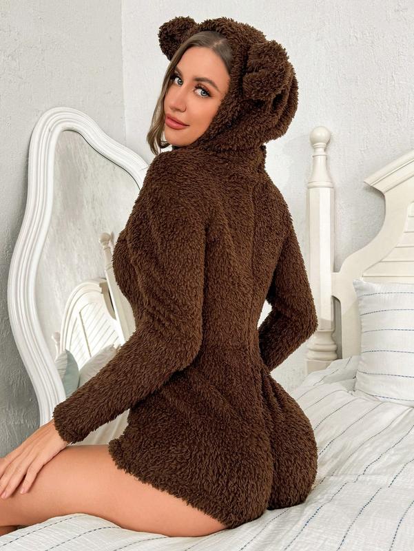1pc Women's Thermal-Lined Jumpsuit Pajamas, Brown Teddy Bear Flannel Fuzzy With Half-Open Front, Long Sleeve Hooded Jumpsuit With 3D Ear Design, Comfortable Sexy Elegant Casual Loungewear