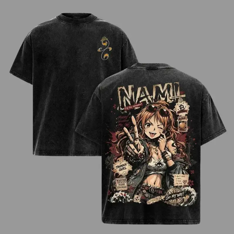 Men's Vintage Washed Nami Oversized Anime Menswear T-Shirt, Heavy Cotton Double-Printed Graphic Tee, Navigator Streetwear Short-Sleeve Top, Pirate Princess Manga Apparel, Tshirt