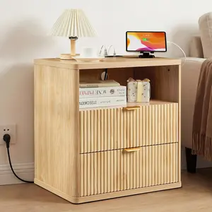 18" Natural Oak Fluted Nightstand with Charging Station – Modern Night Stand with Drawers & Faux Marble Top, Curved Profile End Table with 2 Drawers for Bedroom, Living Room