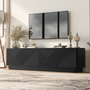 4-Door Wave Design TV Stand with Adjustable Shelves, LED Accent Lights, and Multimedia Storage for Indoor Furniture