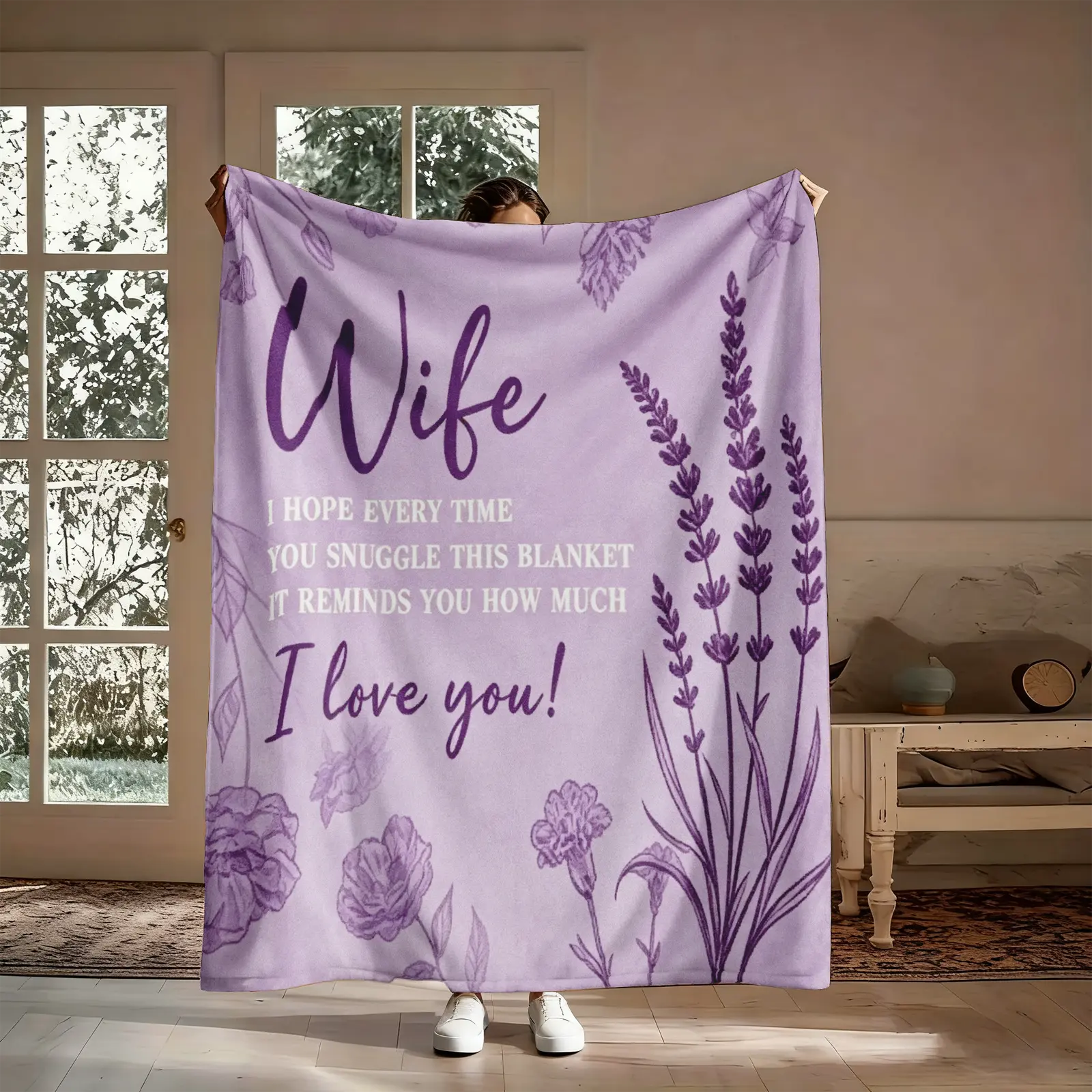 【Summer Sale Deals】Multi-size Flannel Throw Blanket - Love Letter Lavender Design, Soft Cozy Wrinkle Resistant Purple, Christmas Thanksgiving Romantic Gift for Female Girls, Living Room Decor, Indoor/Outdoor, Grandmother