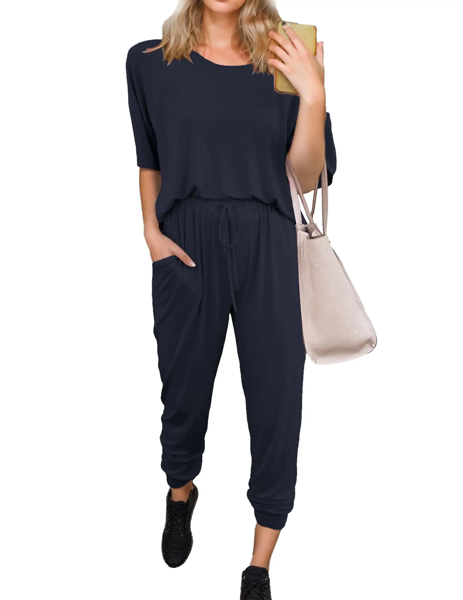 DRESSIN [Dark Blue,Army Green,Black, size S-5XL] Women Stretchy Solid Round Neck Loose Three-Quarter Sleeve Top with Tie Elastic Waist and Tapered Nin