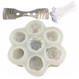 1 Set of 52PCs Flowers Silicone Candle Molds, 1 Silicone Mould with 50 Candle Wicks and 1 Wick Holder, Silicone Resin Molds for DIY Cake Candy Wax Chocolate Soap, Handmade Gifts, Handmade Crafts, Soap Making Kit