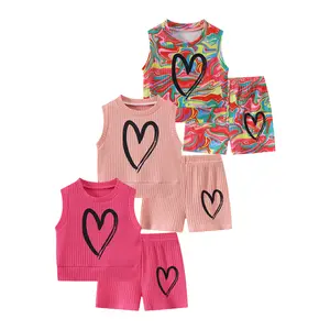 6-piece girls summer vest short-sleeved shorts suit heart-shaped pattern fashion casual short-sleeved children's clothing children sleeveless outdoor suit in summer.