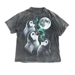 Penguin Howling To Moon Vintage 90s Graphic T-Shirt, Retro Comfort Colors Baby Penguin Y2k Unisex Washed Tee Womenswear
