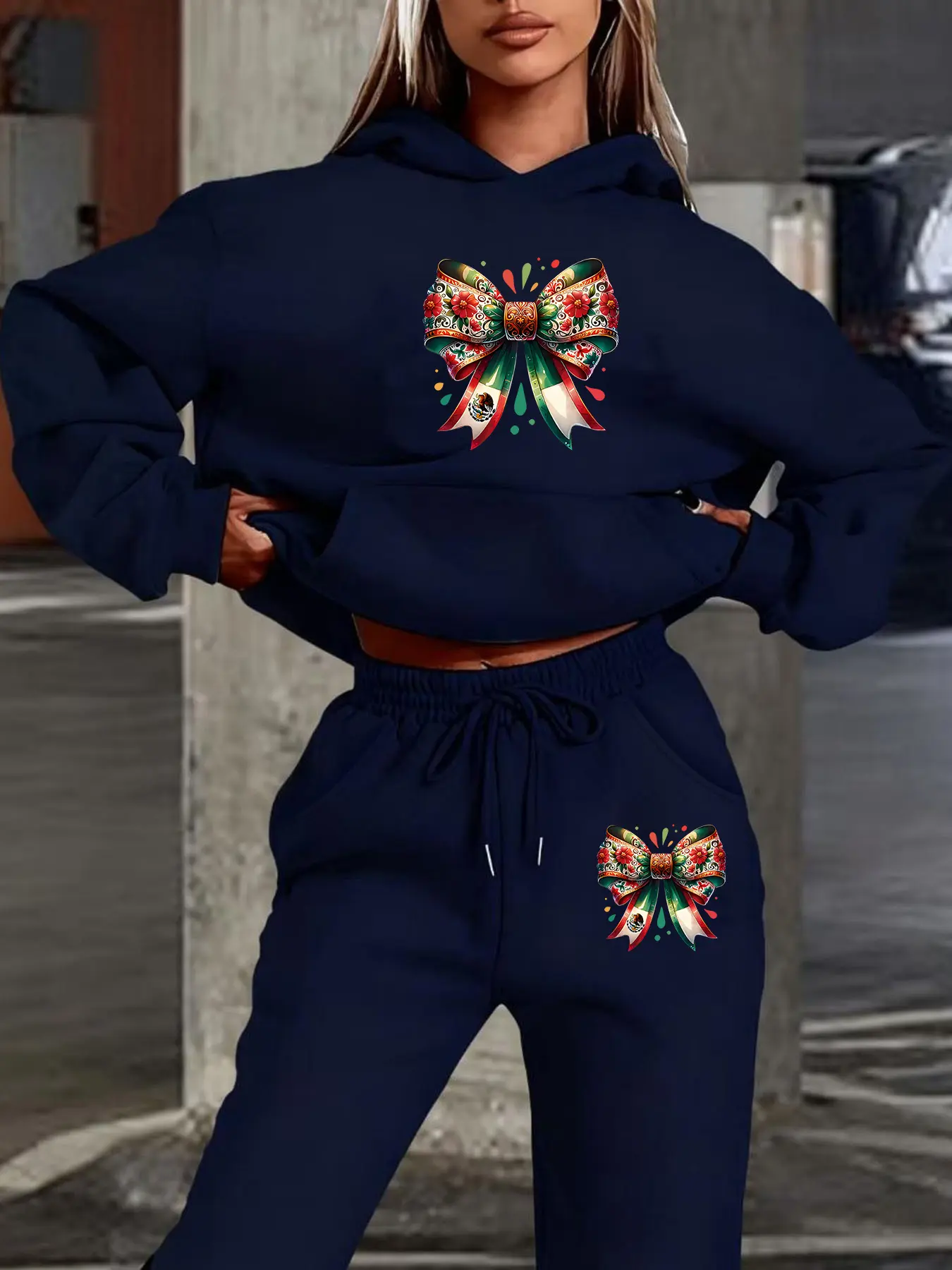 Women's Hooded Sweatshirt Set, Fall & Winter Fleece Warm, Mexican Floral Bow Print, Casual Ethnic Style, Jogger Pants Design