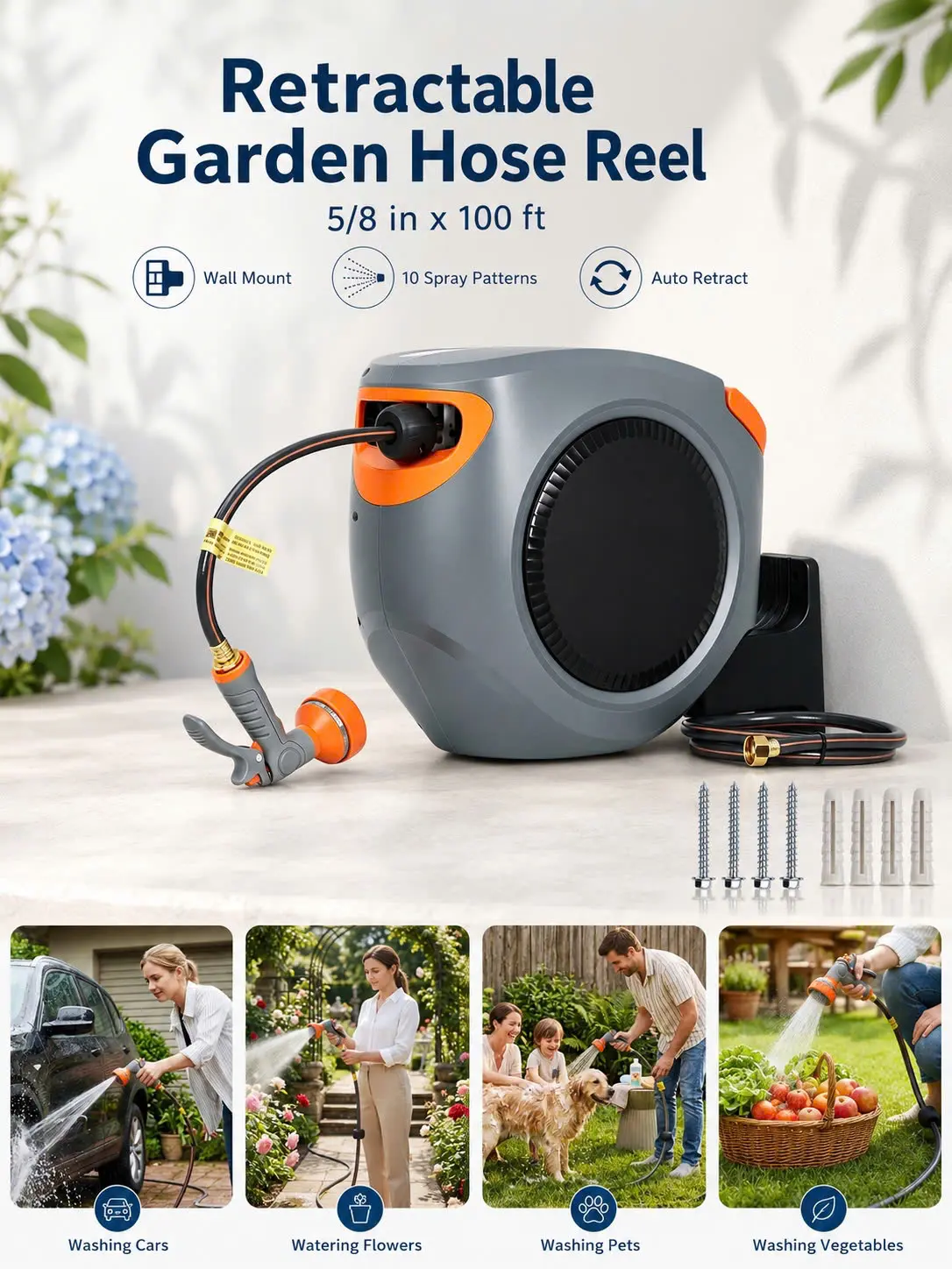 Outdoor 5/8 in x 100 ft Retractable Garden Hose Reel, Wall-Mount Auto Rewind Water Hose Reel with 9-Pattern Nozzle, Gray