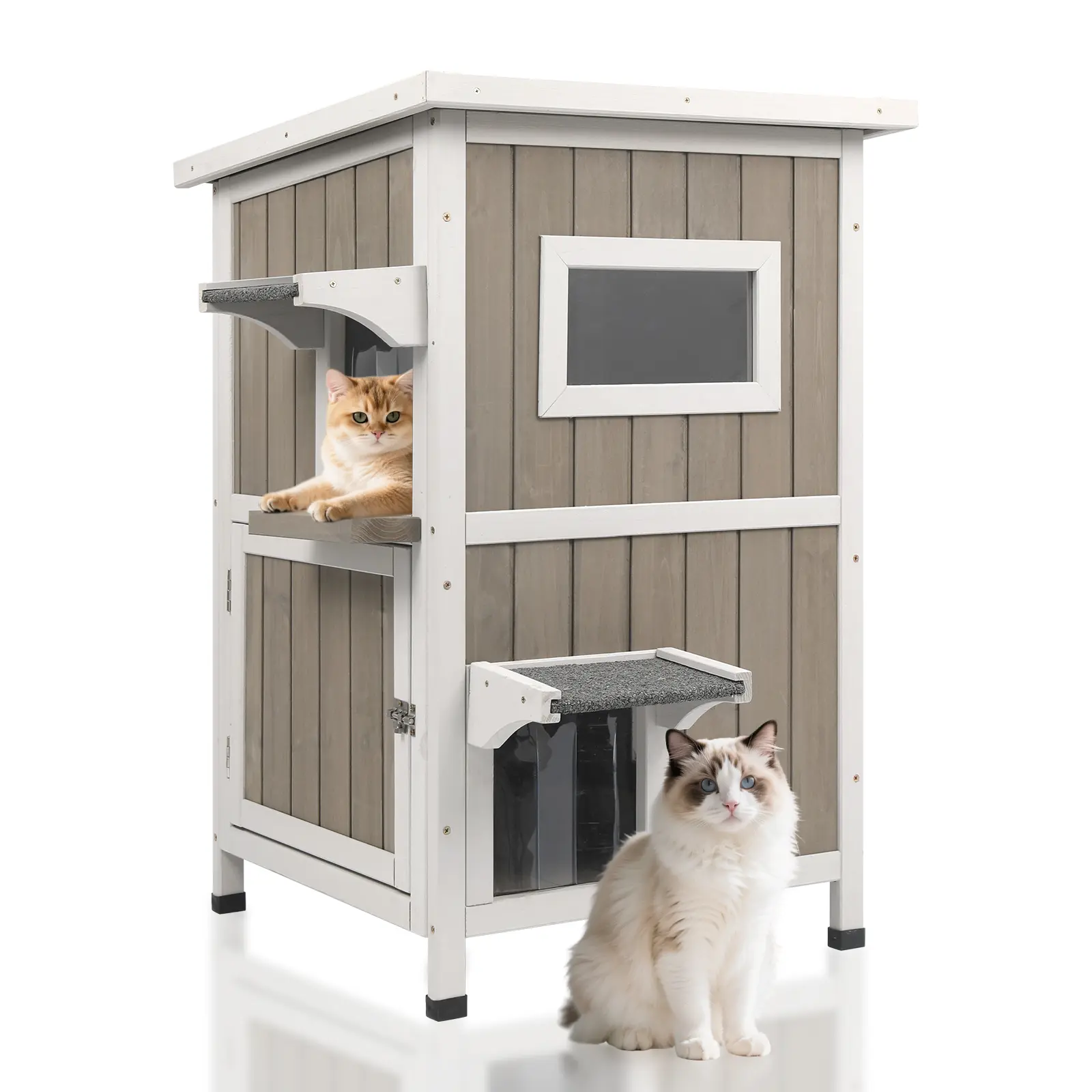 Petscosset Multi-Level Wooden Feral Cat House, 2-Tier Upper & Lower Floor Layout, All Season Weatherproof Protection, Safety Lock Door & Side Escape Door, Visible Window & Easy Clean Pull-Out Floor, Elevated Cat House for Backyard, Lawn & Home
