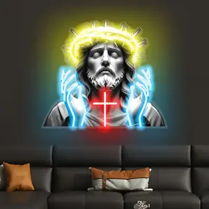 Holy Jesus Neon Sign for Wall Decoration Ornaments, USB Powered, Suitable for Living Room, Auditorium, Christmas, Bodas Adjustable Lighting Sign for Home Decoration, Religious Events, LED Lights Bedroom
