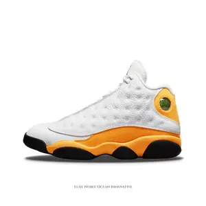 White and Yellow High-Top Retro Basketball Shoes with Leather and Suede Upper and Black Midsole