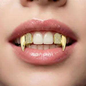 Zirconia Inlaid Golden Teeth Grillz Fashion Vampire Style Teeth Decoration Stylish Dental Accessories Ideal Gift for Halloween Christmas Birthday Party