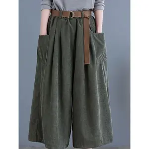 Women's Casual Corduroy Wide-Leg Pants with Pockets - 7/8 Length Belted Solid Color Trousers for Autumn/Winter, Machine Washable Regular Fit, Soft Texture Apparel