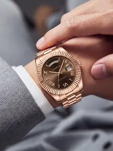 Luxury Men's Watch, 40mm Rose Gold Dial, Stainless Steel Strap, Rotatable Quartz Movement, Waterproof, Night Glow, Boho Style, Luminous Analog Watch