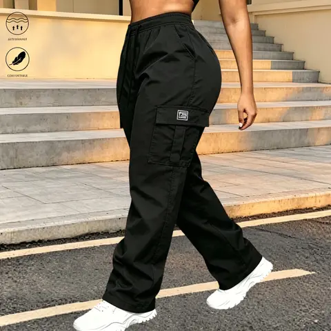Women's Casual Wide-Leg Cargo Pants, Basic Loose Fit Trousers with Elastic Drawstring Waist, Comfy Bottoms for Street Style, Bottom, Lady, Casual Comfy Pants, Cargo Pants Women