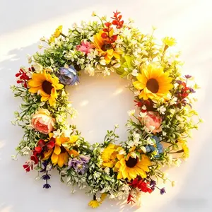 1pcs Mixed Color Artificial Sunflower Wreath, Faux Floral Wreath, Faux Floral Garland with Greenery & Multicolor Blooms, UV Resistant Silk Flower Wreath for Front Door Wall Decor, Spring Summer Home Decor, Mother's Day & Easter Party