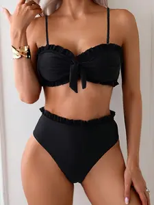 Fashion Sexy Detachable Strap Halter Neck Bikini Set, Beach Pool Women's Swimsuit, Fitted Plain Style, Summer Swimwear, Casual Wear, Ruched Halter Swimsuit, Halter Bathing Suit