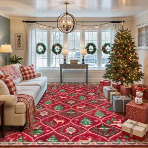 Christmas Reindeer Carpet Mat, American Retro Style, Pet Friendly Non-Slip, Soft Plush, Foldable, Indoor Use