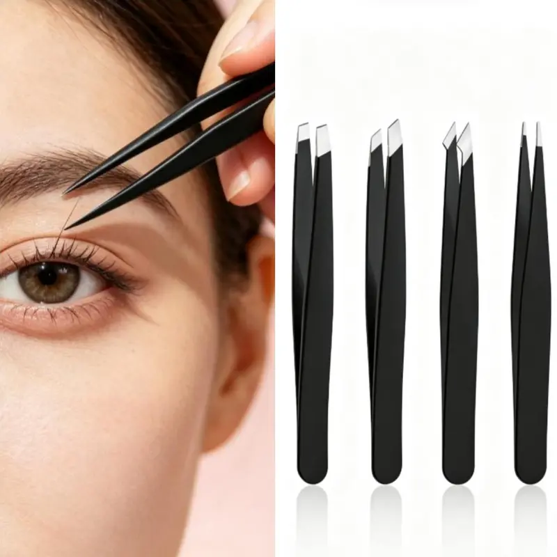 Precision Tweezer Set Slanted Tip for Ingrown Hair, Blackheads & Splinters. 4PC Stainless Steel Professional Grooming Kit, Eyebrow Styling & Cosmetic Remover. Durable, Sterilize Reuse Home Beauty Tool.