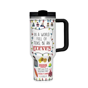 1 x 20 oz Travel Mug with Stranger Things Design, featuring colorful string lights and character illustrations, stainless steel body with black handle and lid.