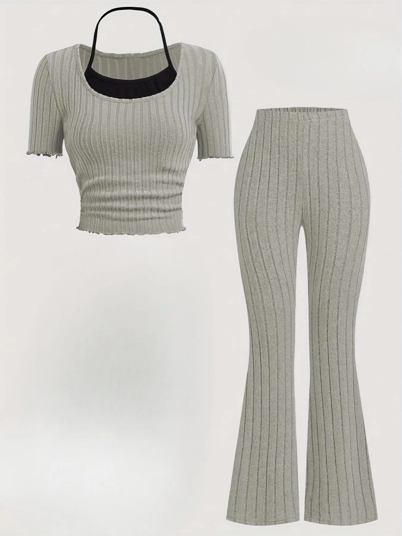 Girl's Colorblock Ribbed Crop Tee & Flare Leg Pants Two-piece Set, Casual Fashion Cozy Top & Bell Bottom Trousers for Daily Outdoor Wear, Kids Clothin