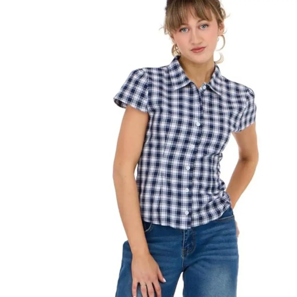Forever 21 Women's 100% Cotton Poplin Gingham Button-Down Collared Shortsleeve Shirt
