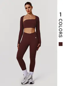 Women's Training Set Two-Piece Long Sleeve Thumb Hole Hollow Back T-Shirt Cross Waist Yoga Pants Casual Outdoor Fitness Sportswear Gym Outfit Workout Sets