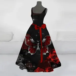 Sexy 3D skull tattered print retro Halloween dress, suitable for elegant bow waistband for women, women's dinner attire, new vest style