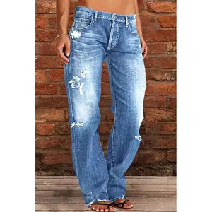 Women’s wavy denim jeans, mid-rise straight-leg denim jeans, plus-size boyfriend jeans, loose flared pants, 1990s hippie clothing NO.678 (gift) GARMENTARY