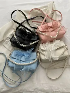 Women's PU Material Crossbody Shoulder Bag, Pearl Chain Lace Bow Design Magnetic Closure, Perfect for Parties & Daily Use, Elegant Shoulder Bag