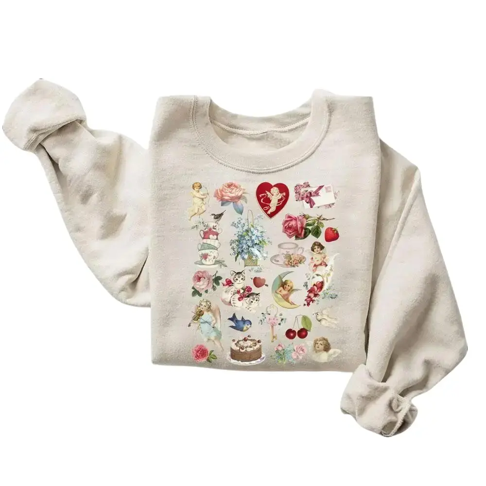 Valentine's Vintage Style Sweatshirt, Retro Valentine's  Valentines Shirt, Cute , Cupid Heart Flowers Unisex