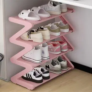 Large 4-tier Z-shaped shoe rack, easy to assemble with no tools, pink color, made of plastic, stackable, suitable for homes, dorms and living rooms, space-saving design, shoe storage.