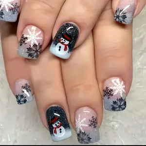 Christmas Elegant Cute Snowman Frost French Manicure Nail Tips, 24pcs Medium Square Fake Nails, Glossy Finish, Single Item