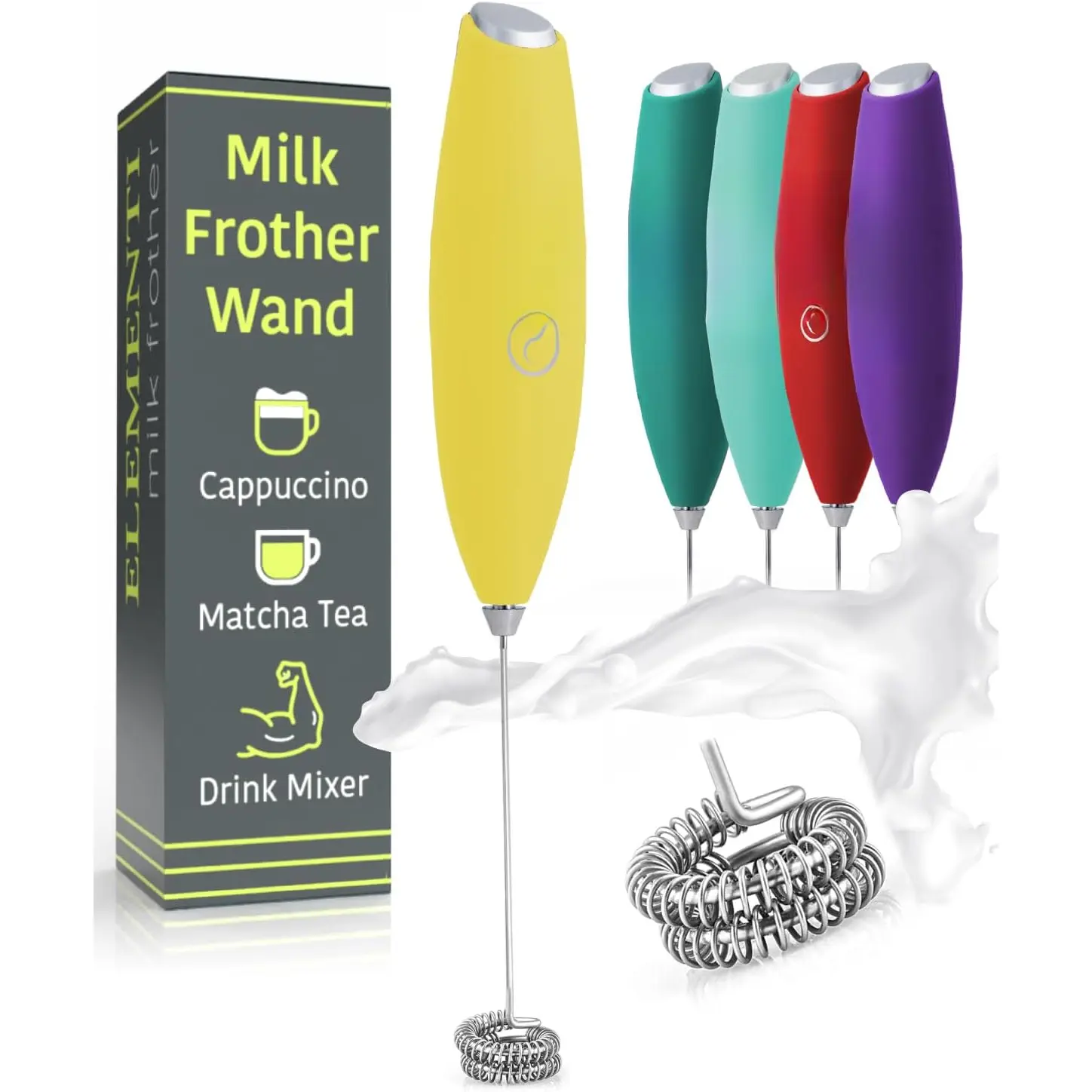 Milk Frother Handheld Double Whisk - Coffee Frother, Electric Stirrer & Matcha Whisk - Handheld Drink Mixer for Coffee - Yellow