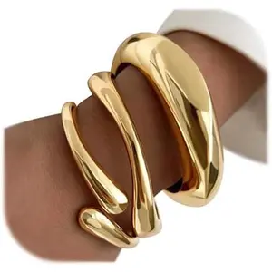 Chunky Gold Bangle Bracelets  Women, Dainty 14k Gold Plated Big Stackable Bangles Set, Trendy Statement Cuff Bracelet Stack Summer Beach Jewelry Gifts
