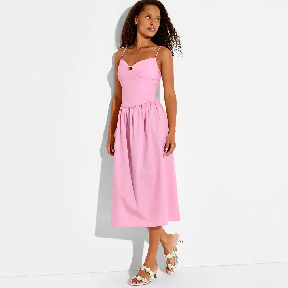 Women's Pullover Keyhole Neck Cotton Blend Poplin Fabric Midi Dress with Recycled Fiber - Wild Fable