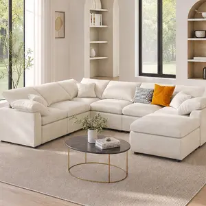 120.8" Extra Large 7-Seater Modular L-Shape Sectional Sofa with Movable Ottoman, Plush Chenille Fabric, Solid Pine Wood Frame for Living Room, Office, Beige/Gray Options, Beige/Gray Color Options, Chenille Material, 7 Seat Seat Count