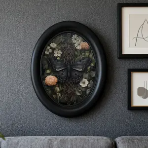 Gothic Style Wooden Oval Frame Decorative Painting, Butterflies in Flower Bushes, 4.16x5.25 Inches, Modern Cold Color Home Decoration