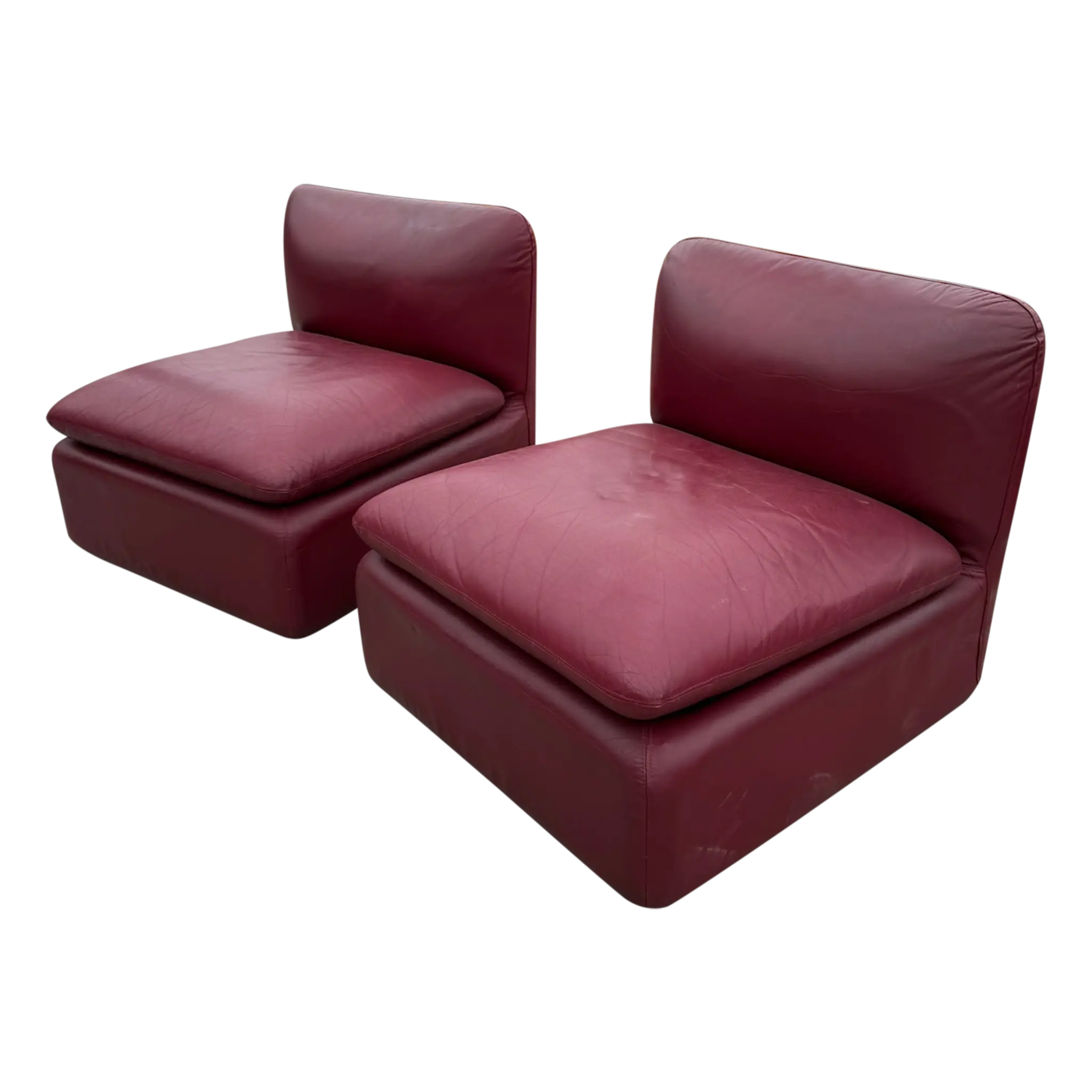 Pair of Burgundy Leather Italian Armless Lounge Chairs