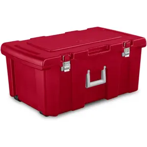 Sterilite Wheeled Footlocker, Lockable Plastic Utility Storage Bin with Lid, Red - Heavy-Duty Organizing Containers for Home, Office, Garage, and Basement