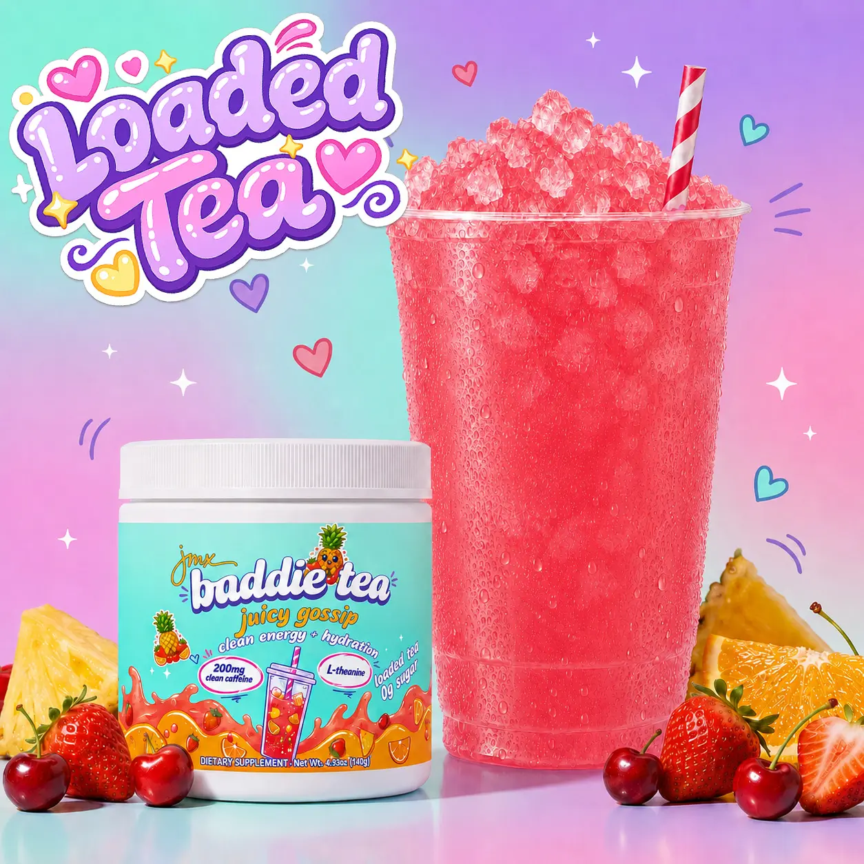JMX Baddie Tea - Loaded Tea, Juicy Gossip Fruit Punch Flavor, 200mg Clean Caffeine, L-Theanine, B-Complex, 0g Sugar, Clean Energy + Hydration
