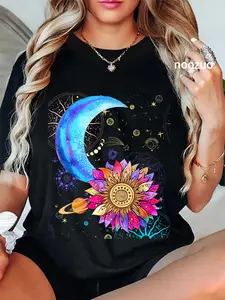 100% Cotton Cute Hippie Moon Sun Stars Cool Sunflower T-Shirt