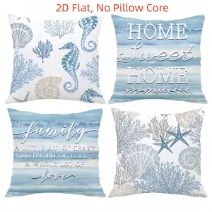 4pcs, Blue Coral Seahorse Starfish Shell Conch Themed Throw Pillow Covers, Home Summer Décor Products, Suitable Living Room, Bedroom, Sofa and Bed Decoration, 2D Flat, Single Sided Printing, No Pillow Core