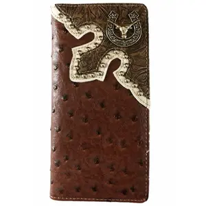 Men’s Western Bifold Wallet Longhorn Checkbook Style in Ostrich Brown