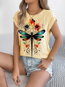 Women's Dragonfly Floral Animal Print Knit Sweater Vest, Casual Round Neck Long Sleeve, Comfortable Breathable, All Seasons Wear