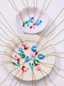 Colorblock Enamel Balloon Letter Design Pendant Necklace, Gifts for Girlfriend, Initials Necklace for Women & Girls, Dangling Charms Necklace, Fashion Jewelry Accessories