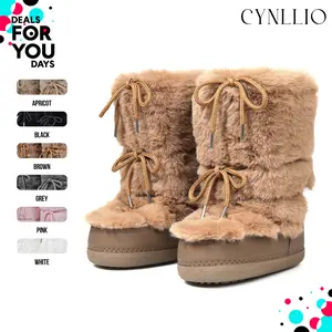 Womens Faux Fur Mid Calf Boots Rounded Toe Platform Heels Fashionable Cozy Fluffy Plush Snow Boot Lace Up Non Slip Comfortable Outing Party Casual Nightclub Event Ski Boot Chilly Day Booty Deals For You Days