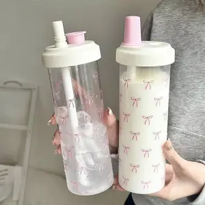 2pcs Bow Straw Water Bottles, 500/850ML, with Lid, Sweet Coffee Foam Milk Tea Outdoor School Plastic Glass Drinking Bottle Tumbler