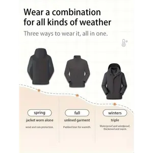 Women's 3-in-1 Outdoor Sports Contrast Jacket, Casual Windproof And Waterproof Jacket For Mountaineering, Skiing, Hiking, Detachable Thermal Liner And Hat